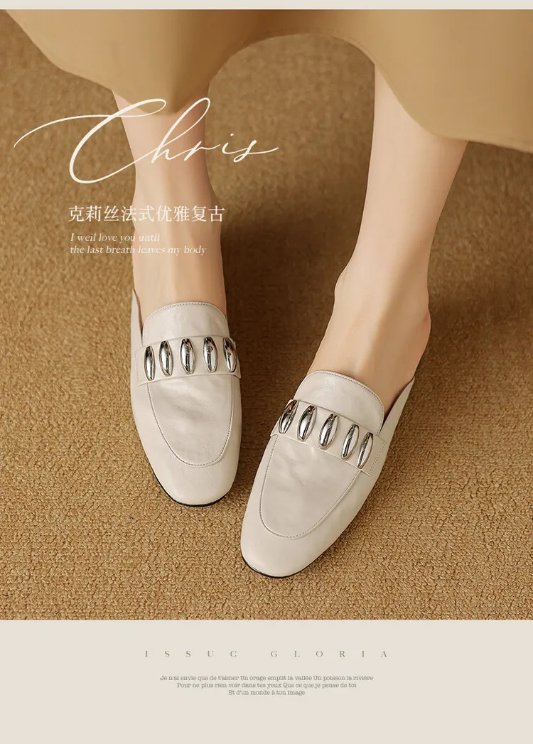 Spring/Summer Round Toe Slippers Chunky Heel Mid Heel Closed Toe Sheepskin Fashion Women's Shoes 22-25n