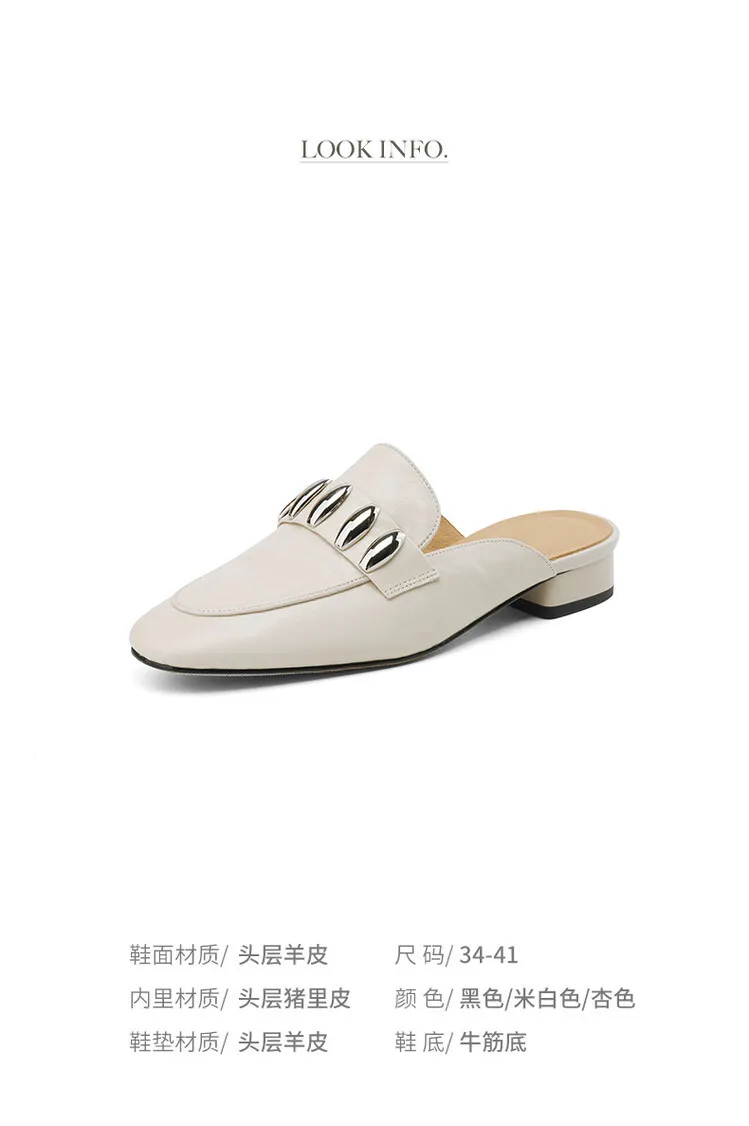 Spring/Summer Round Toe Slippers Chunky Heel Mid Heel Closed Toe Sheepskin Fashion Women's Shoes 22-25n