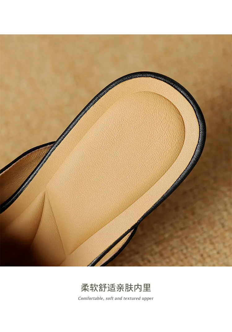 Spring/Summer Round Toe Slippers Chunky Heel Mid Heel Closed Toe Sheepskin Fashion Women's Shoes 22-25n