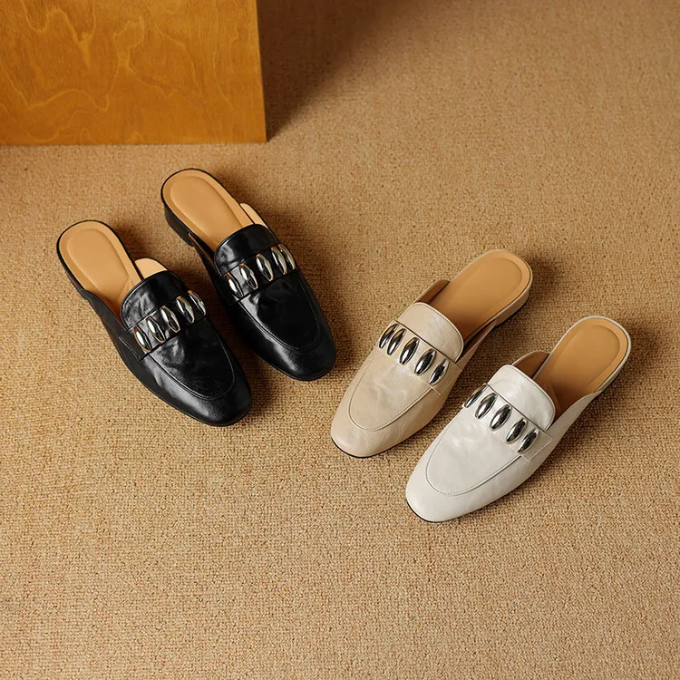 Spring/Summer Round Toe Slippers Chunky Heel Mid Heel Closed Toe Sheepskin Fashion Women's Shoes 22-25n