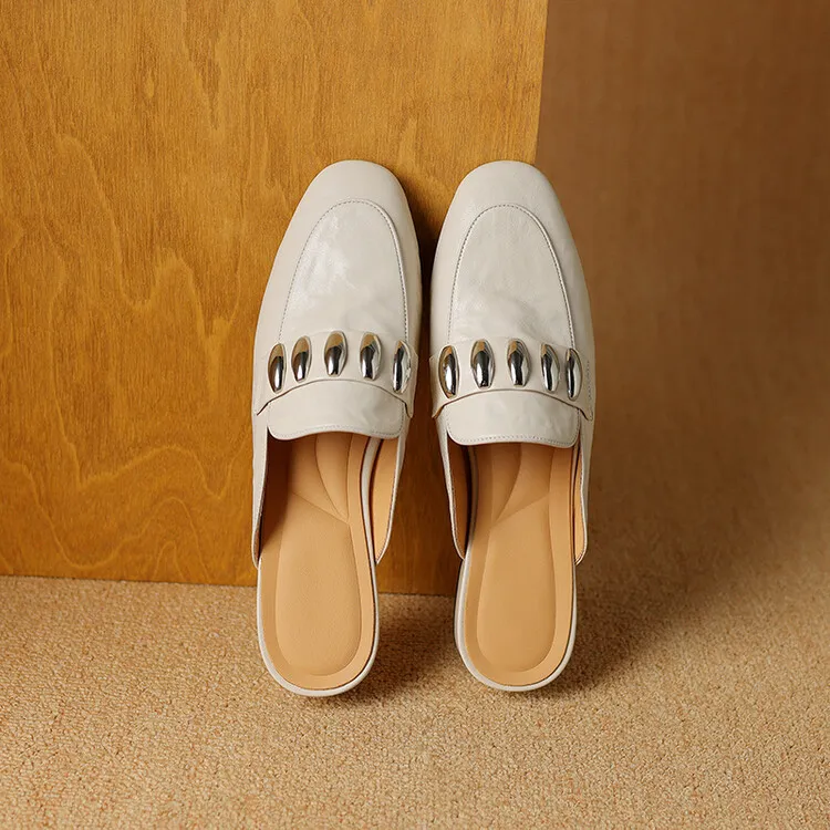 Spring/Summer Round Toe Slippers Chunky Heel Mid Heel Closed Toe Sheepskin Fashion Women's Shoes 22-25n