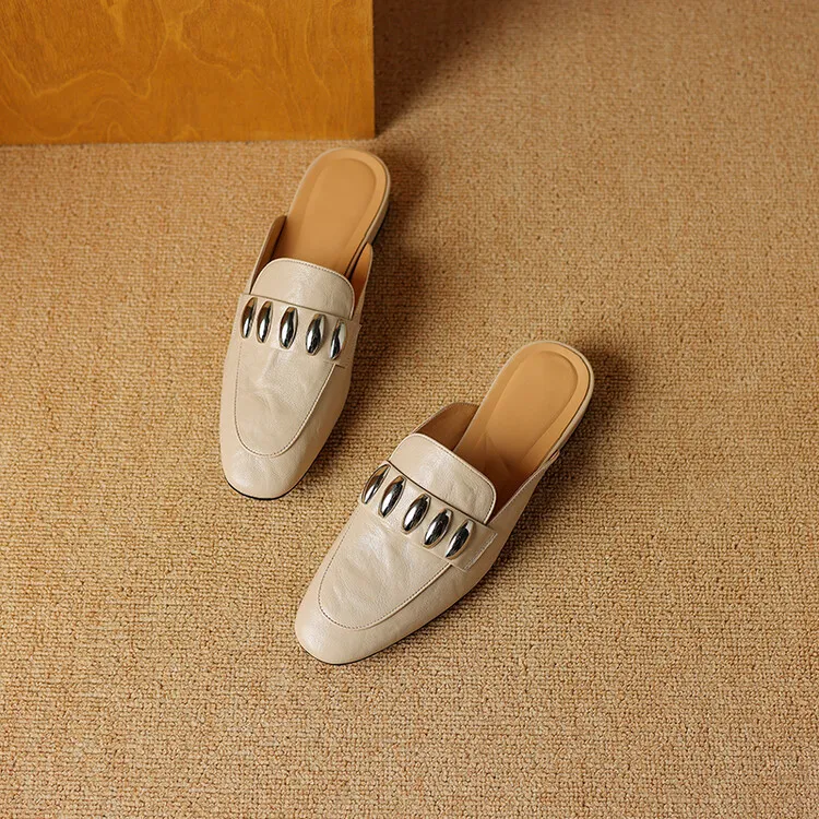 Spring/Summer Round Toe Slippers Chunky Heel Mid Heel Closed Toe Sheepskin Fashion Women's Shoes 22-25n
