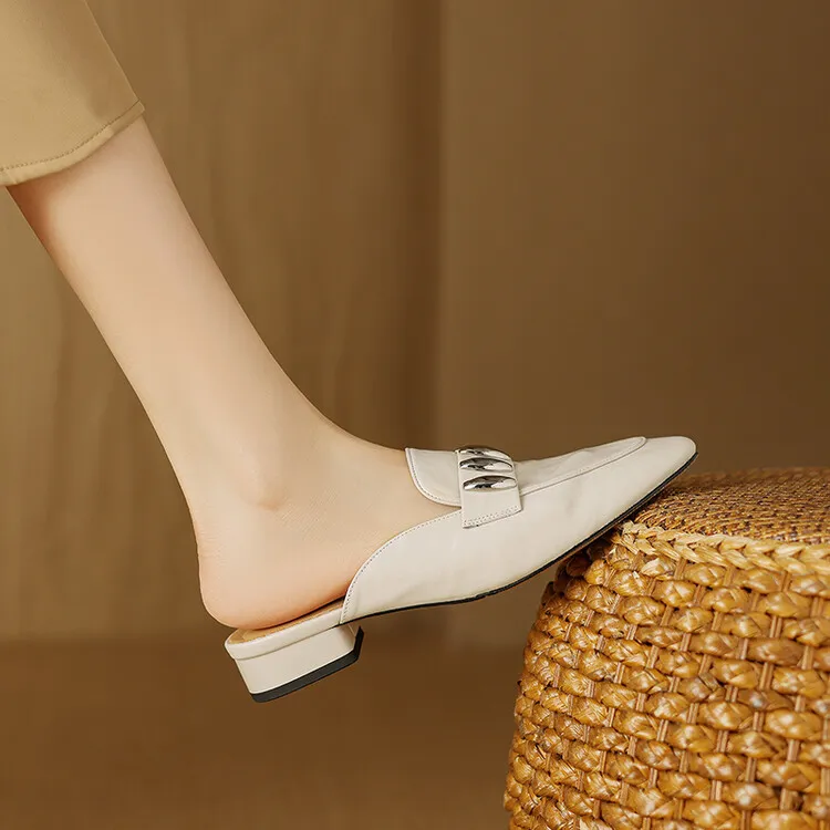 Spring/Summer Round Toe Slippers Chunky Heel Mid Heel Closed Toe Sheepskin Fashion Women's Shoes 22-25n