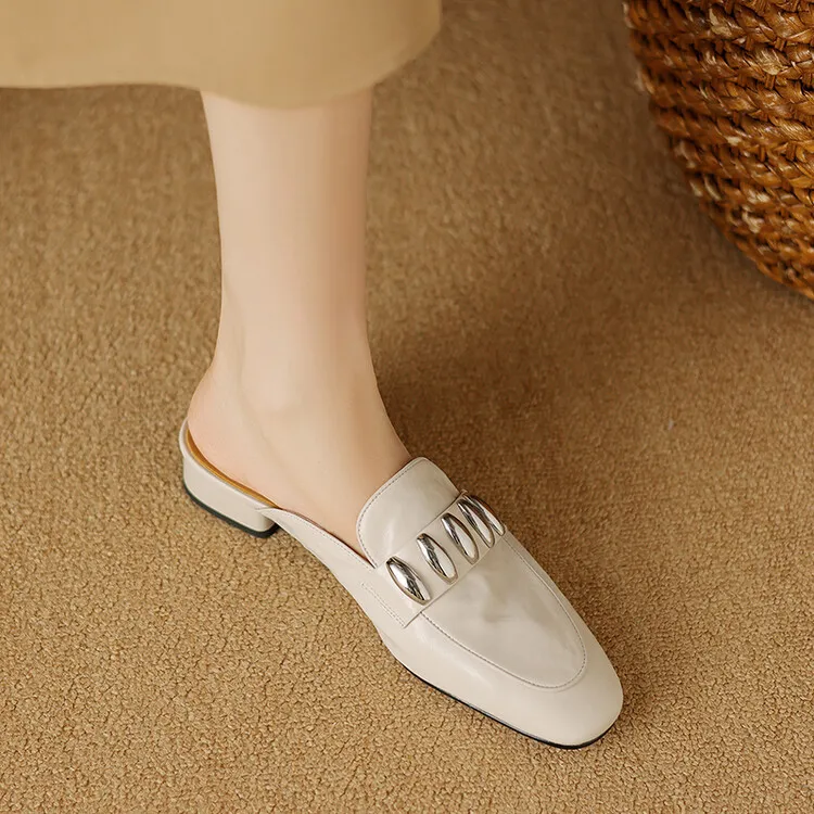 Spring/Summer Round Toe Slippers Chunky Heel Mid Heel Closed Toe Sheepskin Fashion Women's Shoes 22-25n
