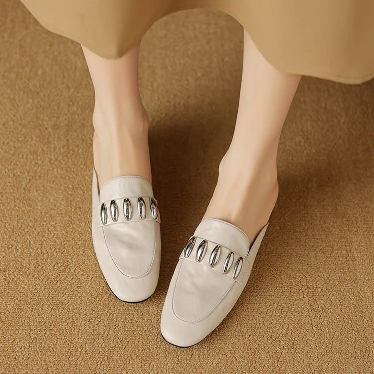 Spring/Summer Round Toe Slippers Chunky Heel Mid Heel Closed Toe Sheepskin Fashion Women's Shoes 22-25n