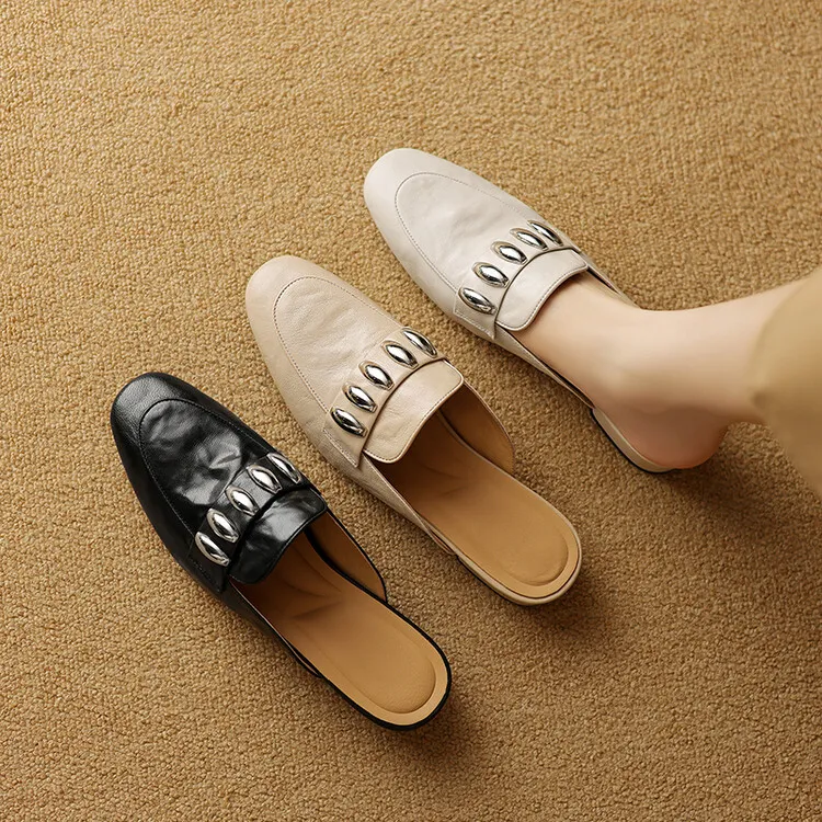 Spring/Summer Round Toe Slippers Chunky Heel Mid Heel Closed Toe Sheepskin Fashion Women's Shoes 22-25n