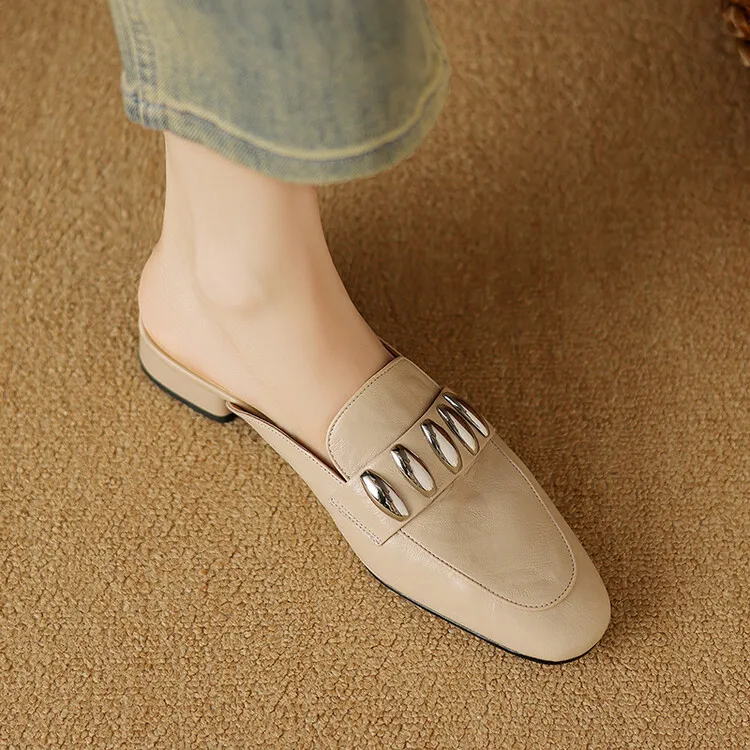 Spring/Summer Round Toe Slippers Chunky Heel Mid Heel Closed Toe Sheepskin Fashion Women's Shoes 22-25n