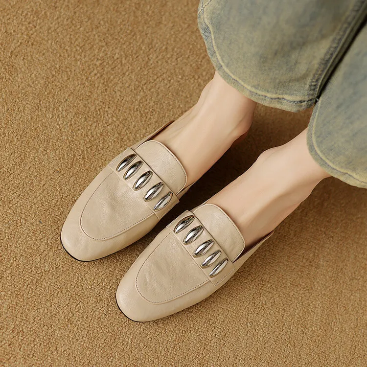 Spring/Summer Round Toe Slippers Chunky Heel Mid Heel Closed Toe Sheepskin Fashion Women's Shoes 22-25n