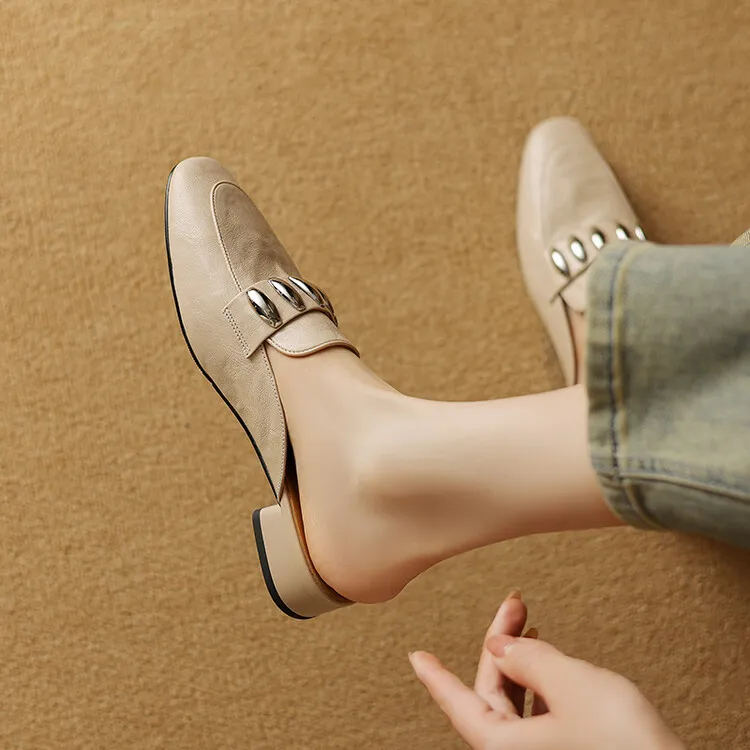 Spring/Summer Round Toe Slippers Chunky Heel Mid Heel Closed Toe Sheepskin Fashion Women's Shoes 22-25n