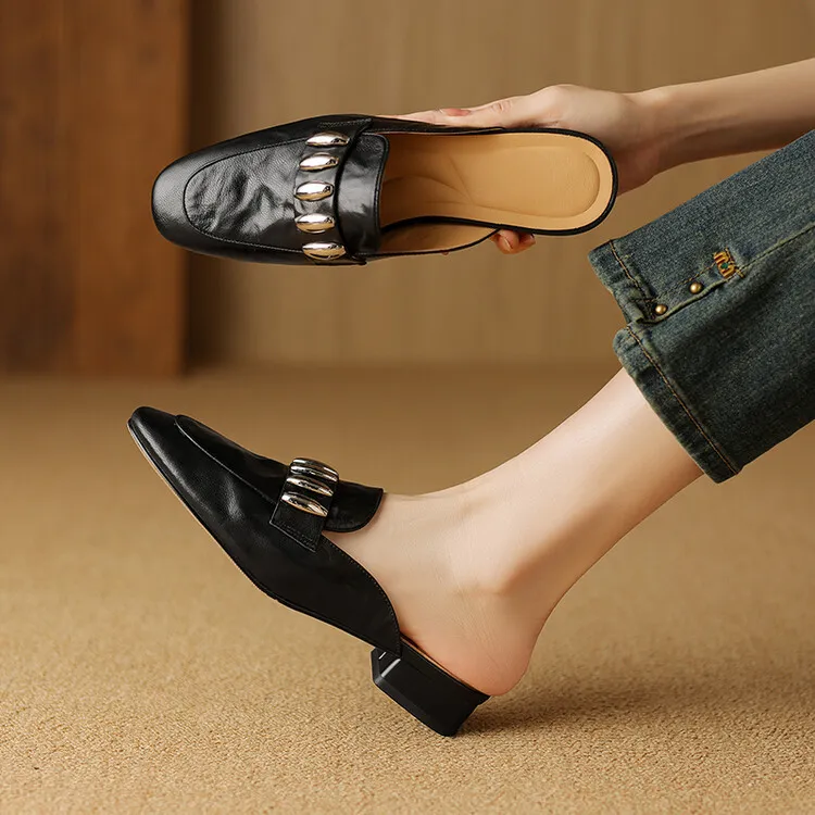 Spring/Summer Round Toe Slippers Chunky Heel Mid Heel Closed Toe Sheepskin Fashion Women's Shoes 22-25n