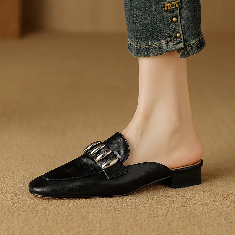 Spring/Summer Round Toe Slippers Chunky Heel Mid Heel Closed Toe Sheepskin Fashion Women's Shoes 22-25n