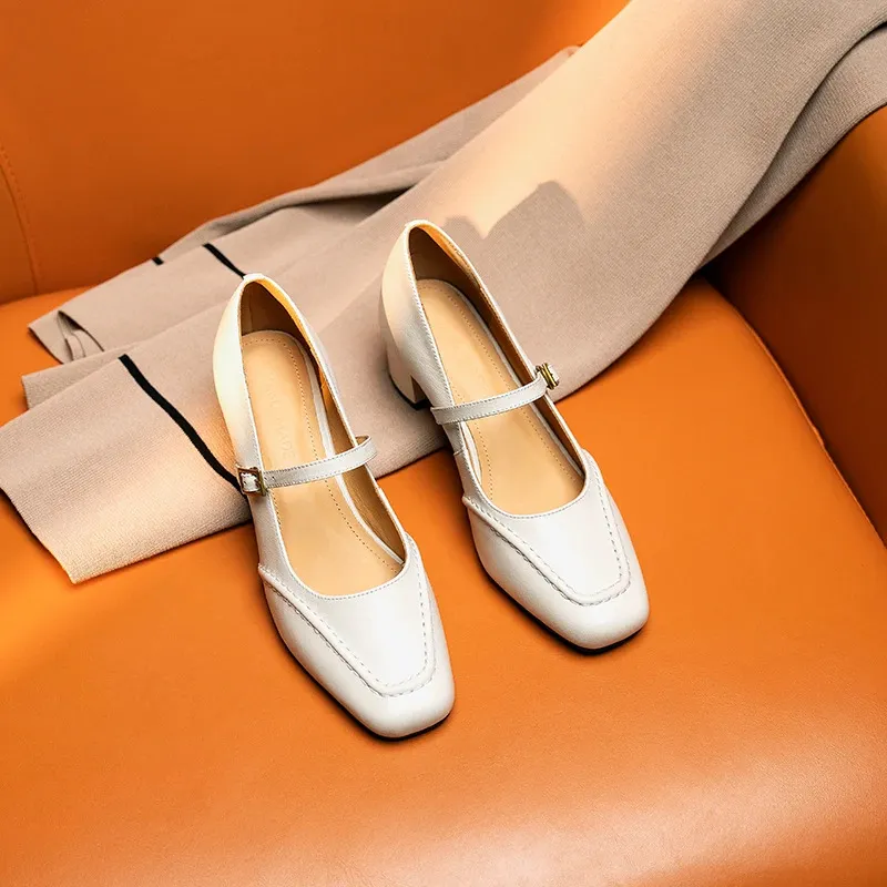 Women's mid-heel shoes made of top-grain cowhide, 4.5cm high, suitable for spring and autumn, chunky heel, versatile, size 33-42.