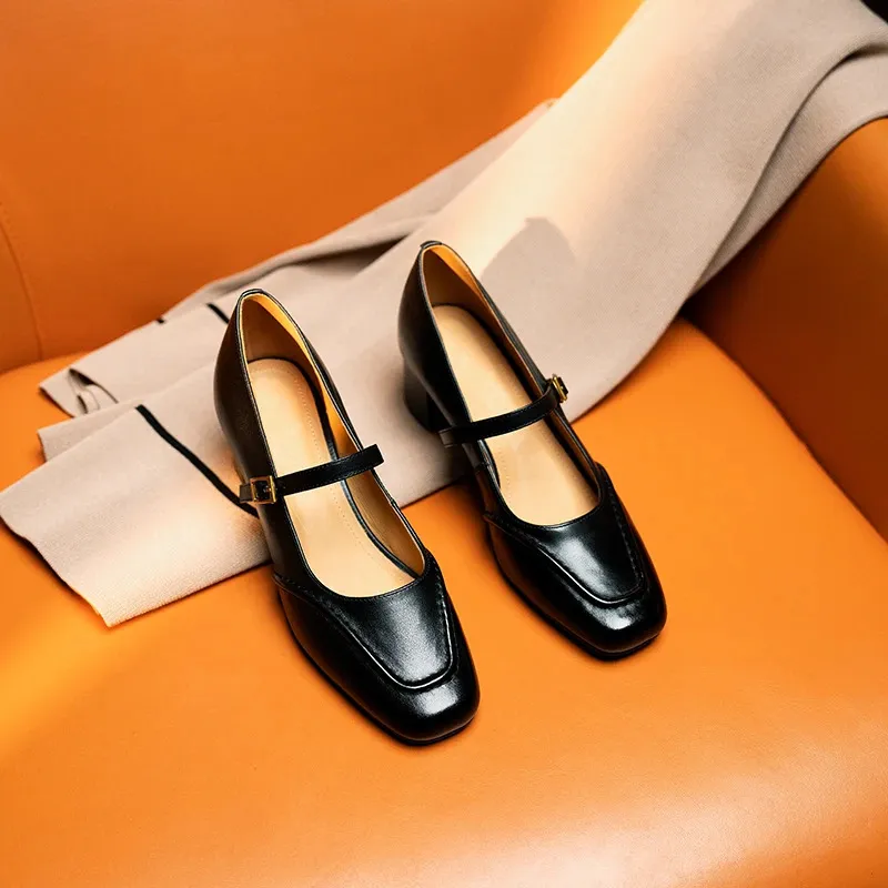 Women's mid-heel shoes made of top-grain cowhide, 4.5cm high, suitable for spring and autumn, chunky heel, versatile, size 33-42.