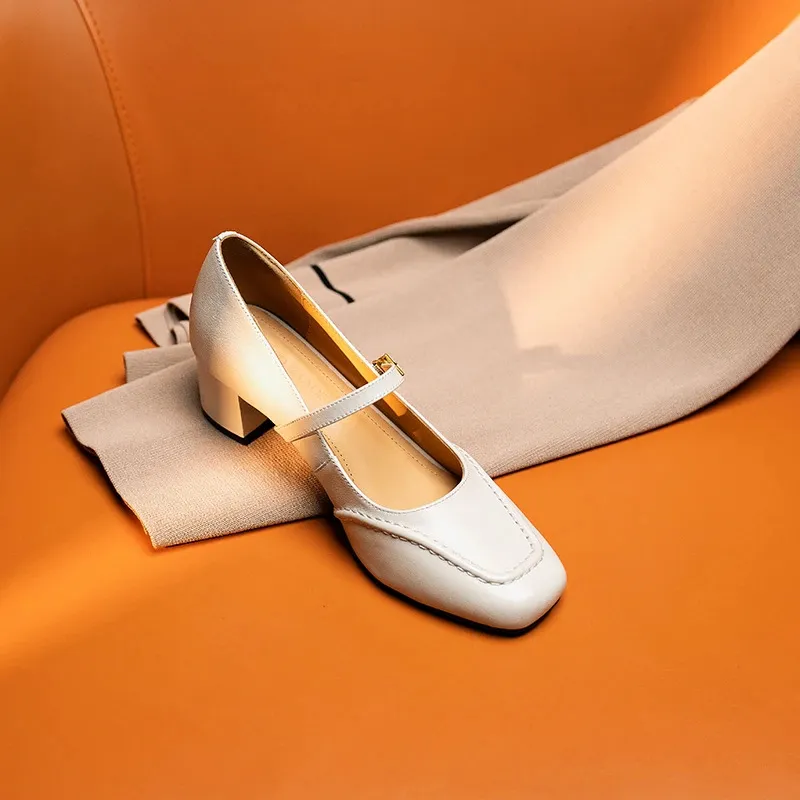 Women's mid-heel shoes made of top-grain cowhide, 4.5cm high, suitable for spring and autumn, chunky heel, versatile, size 33-42.