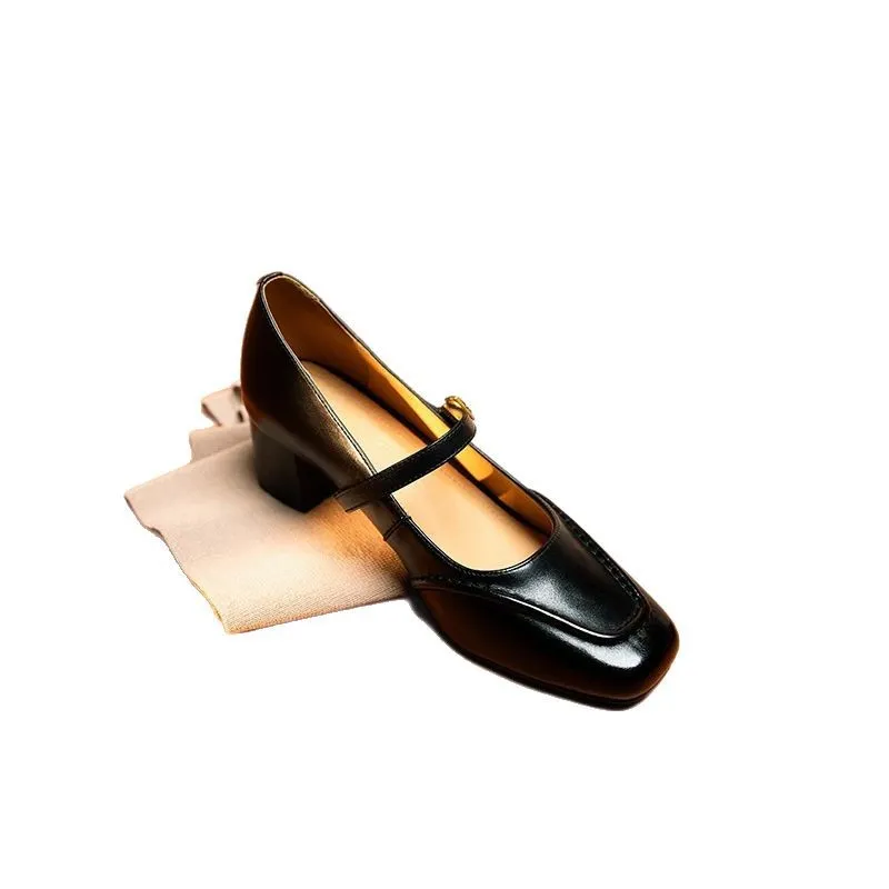 Women's mid-heel shoes made of top-grain cowhide, 4.5cm high, suitable for spring and autumn, chunky heel, versatile, size 33-42.