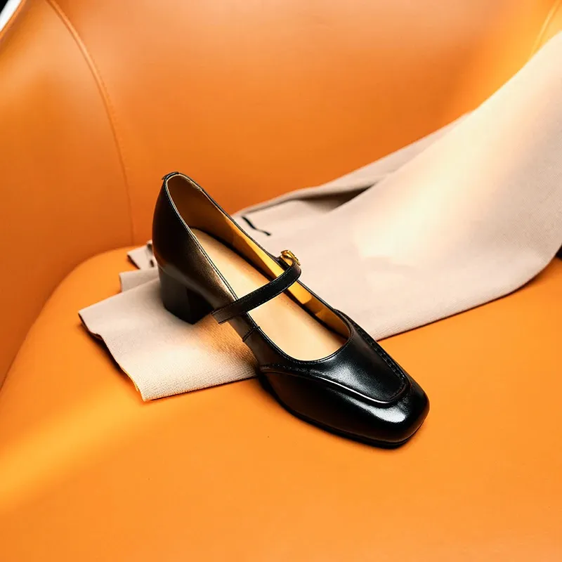 Women's mid-heel shoes made of top-grain cowhide, 4.5cm high, suitable for spring and autumn, chunky heel, versatile, size 33-42.