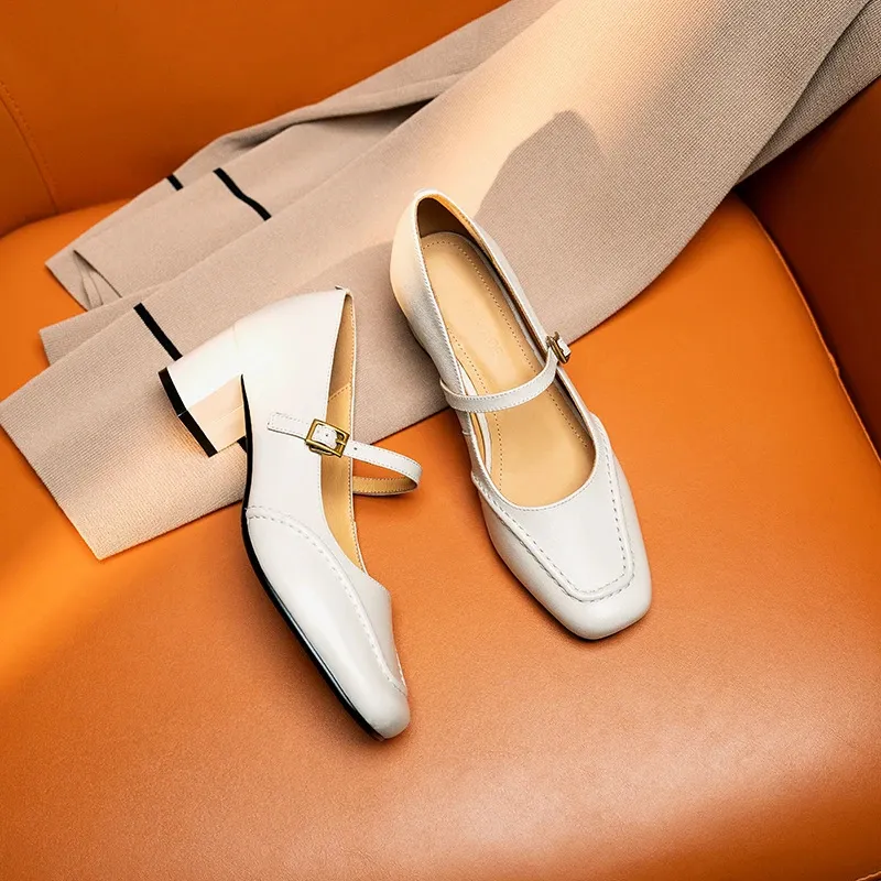 Women's mid-heel shoes made of top-grain cowhide, 4.5cm high, suitable for spring and autumn, chunky heel, versatile, size 33-42.