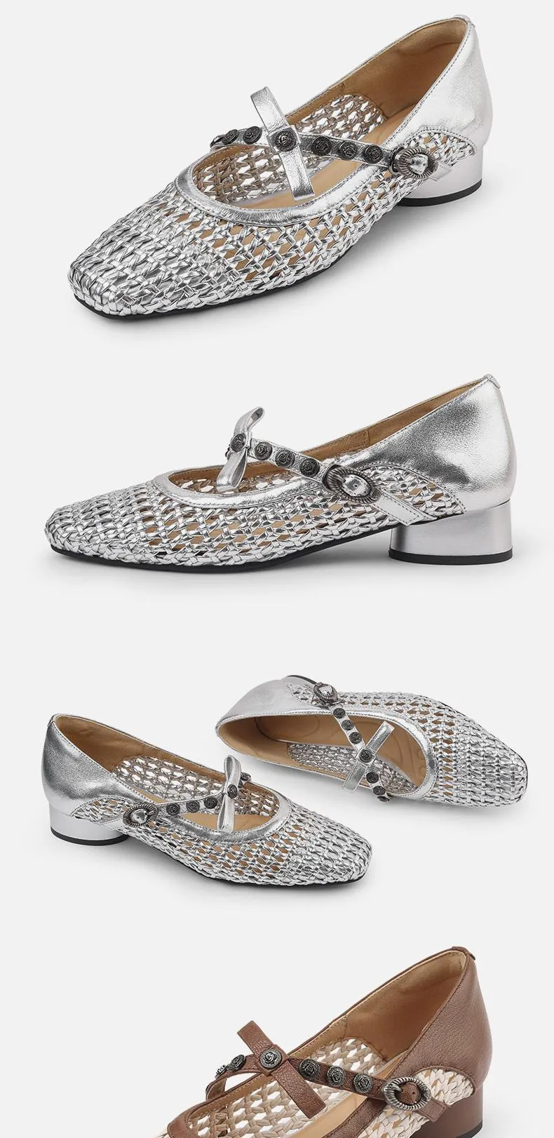 A pair of chunky heel, mid-heel, square-toe, openwork sandals with buckle and color blocking for spring and summer. Comfortable women's shoes.