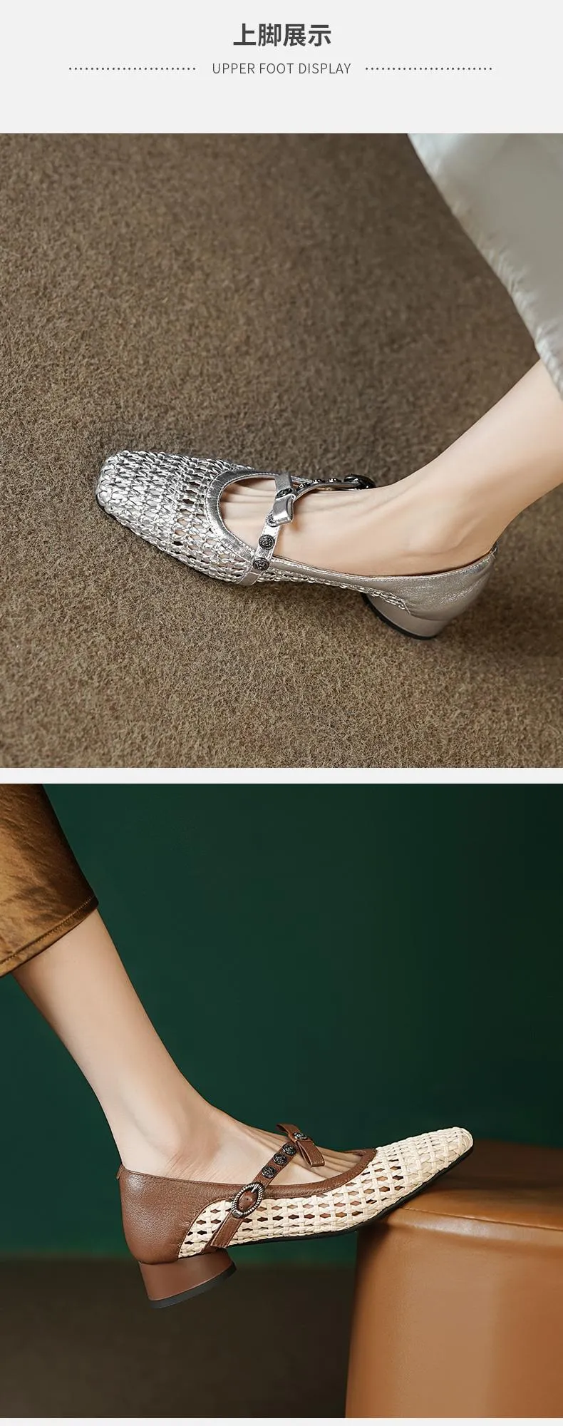 A pair of chunky heel, mid-heel, square-toe, openwork sandals with buckle and color blocking for spring and summer. Comfortable women's shoes.