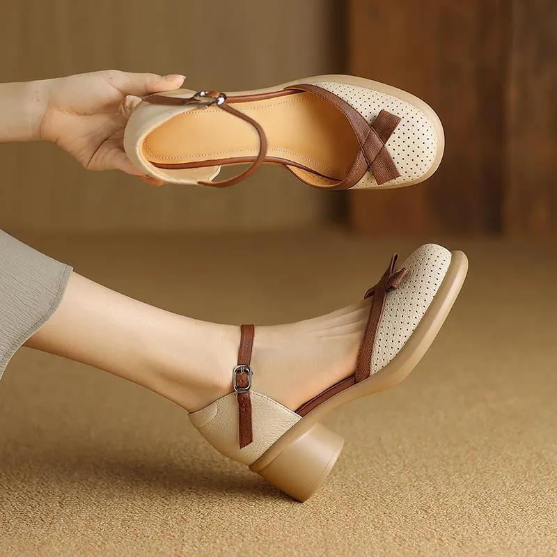 Sheepskin hollow sandals, spring/summer color-blocked platform chunky heel high heel buckle fashion women's shoes
