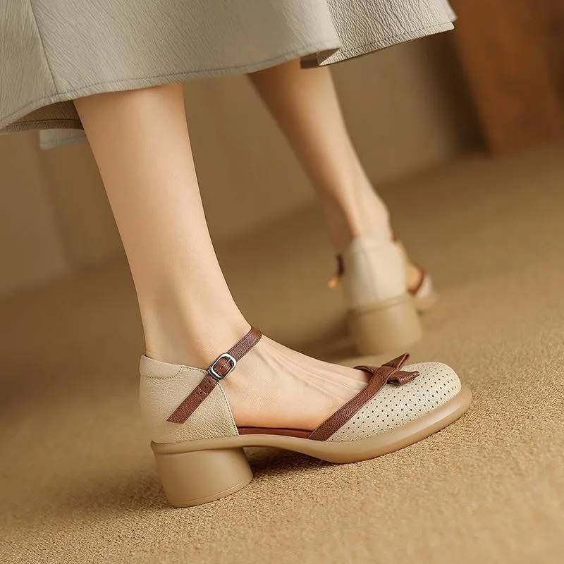 Sheepskin hollow sandals, spring/summer color-blocked platform chunky heel high heel buckle fashion women's shoes