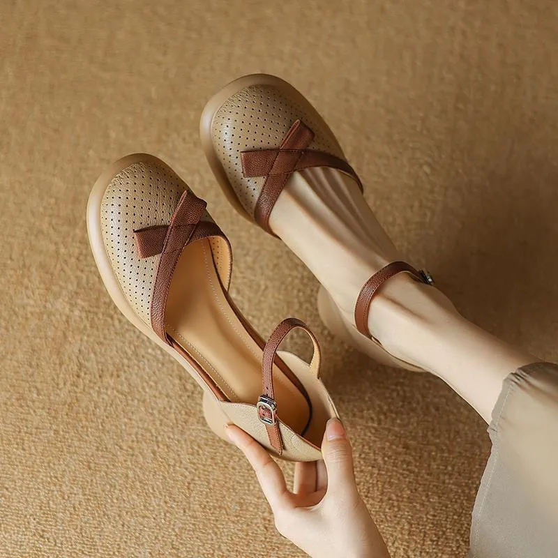 Sheepskin hollow sandals, spring/summer color-blocked platform chunky heel high heel buckle fashion women's shoes