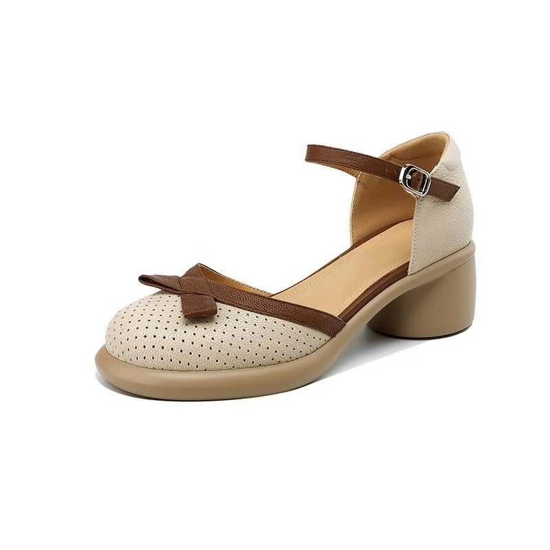 Sheepskin hollow sandals, spring/summer color-blocked platform chunky heel high heel buckle fashion women's shoes