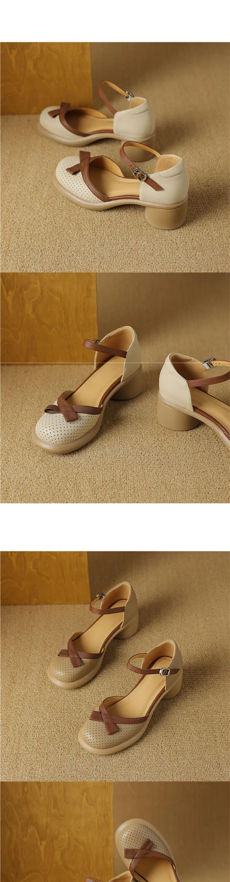 Sheepskin hollow sandals, spring/summer color-blocked platform chunky heel high heel buckle fashion women's shoes
