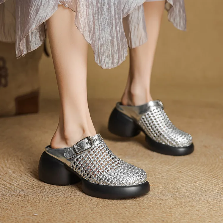 Featured Fashionable Silver Spring/Summer Round Toe Platform Sandals with Chunky Heels, Closed Toe, and Openwork - Comfortable Women's Shoes