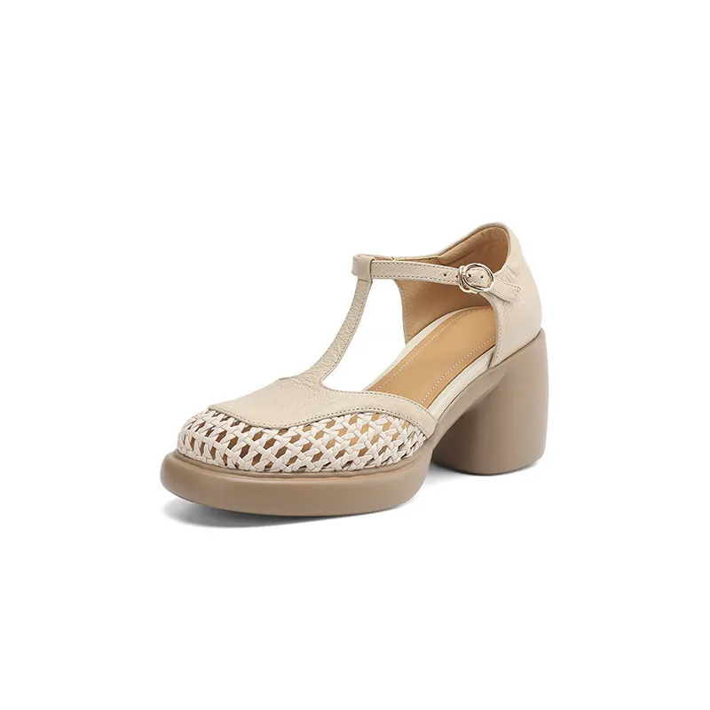 Spring/Summer woven openwork sandals, closed toe, chunky heel, thick sole, cowhide fashion women's shoes, off-white and black.
