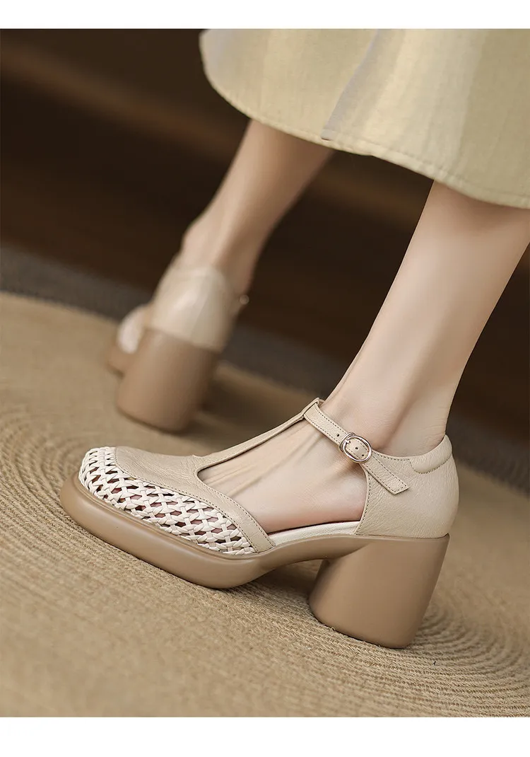 Spring/Summer woven openwork sandals, closed toe, chunky heel, thick sole, cowhide fashion women's shoes, off-white and black.