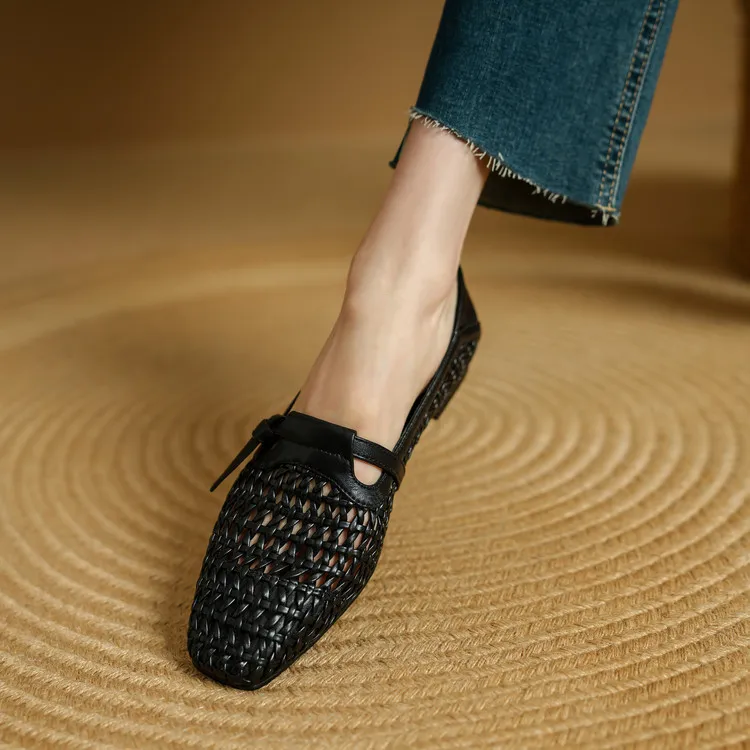 Spring/Summer Square Toe Hollow-Out Flat Heel Cowhide Comfortable Women's Shoes 33-5g