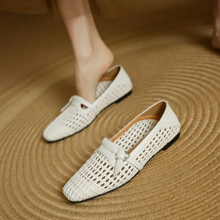 Spring/Summer Square Toe Hollow-Out Flat Heel Cowhide Comfortable Women's Shoes 33-5g
