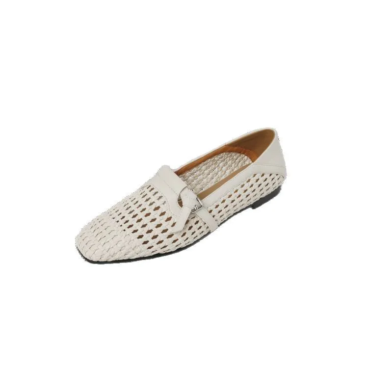 Spring/Summer Square Toe Hollow-Out Flat Heel Cowhide Comfortable Women's Shoes 33-5g