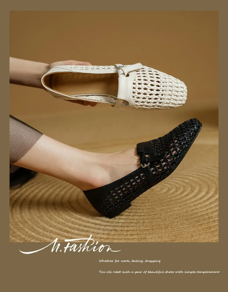 Spring/Summer Square Toe Hollow-Out Flat Heel Cowhide Comfortable Women's Shoes 33-5g