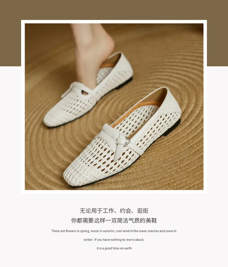 Spring/Summer Square Toe Hollow-Out Flat Heel Cowhide Comfortable Women's Shoes 33-5g