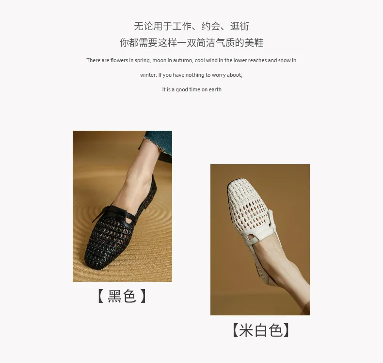 Spring/Summer Square Toe Hollow-Out Flat Heel Cowhide Comfortable Women's Shoes 33-5g