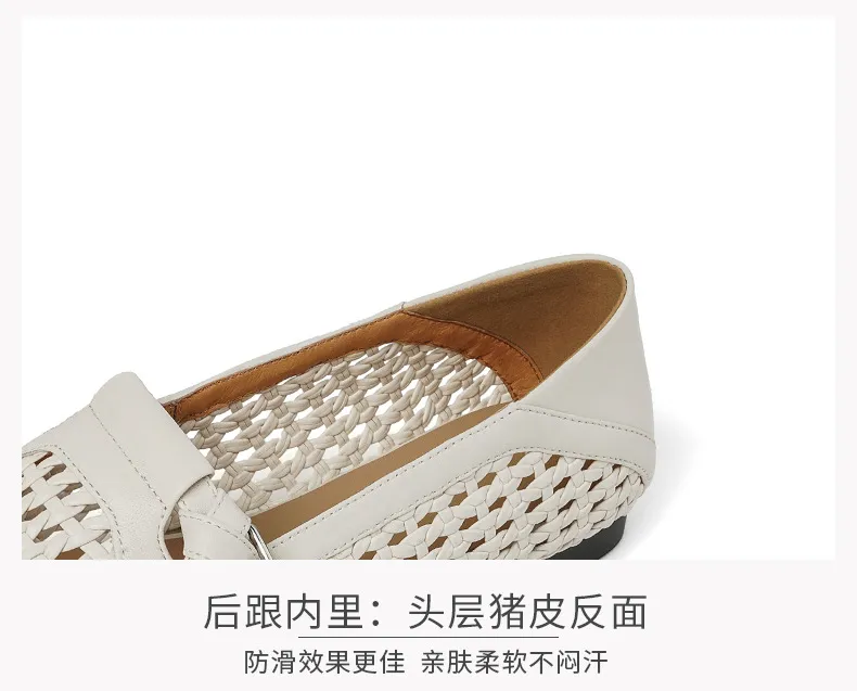 Spring/Summer Square Toe Hollow-Out Flat Heel Cowhide Comfortable Women's Shoes 33-5g