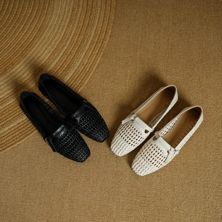 Spring/Summer Square Toe Hollow-Out Flat Heel Cowhide Comfortable Women's Shoes 33-5g