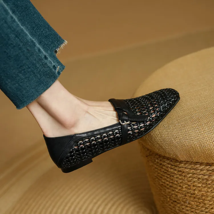 Spring/Summer Square Toe Hollow-Out Flat Heel Cowhide Comfortable Women's Shoes 33-5g