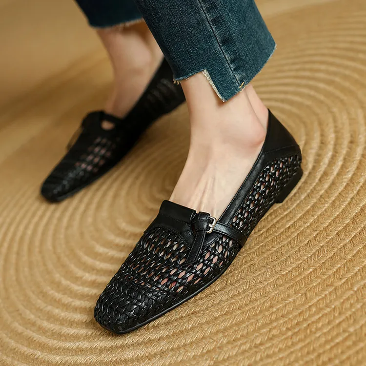 Spring/Summer Square Toe Hollow-Out Flat Heel Cowhide Comfortable Women's Shoes 33-5g