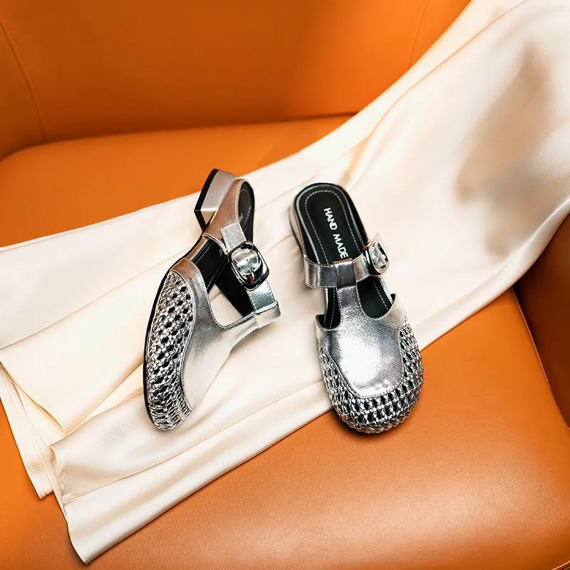 Summer slippers, round toe, chunky heel, mesh, fashionable and comfortable women's shoes, silver and black.
