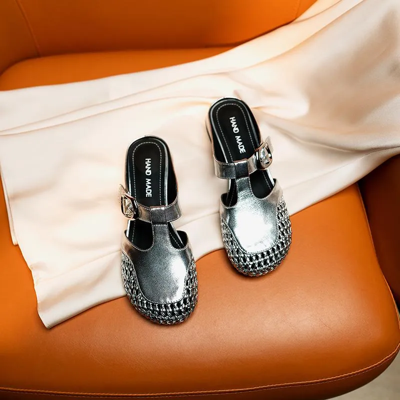 Summer slippers, round toe, chunky heel, mesh, fashionable and comfortable women's shoes, silver and black.