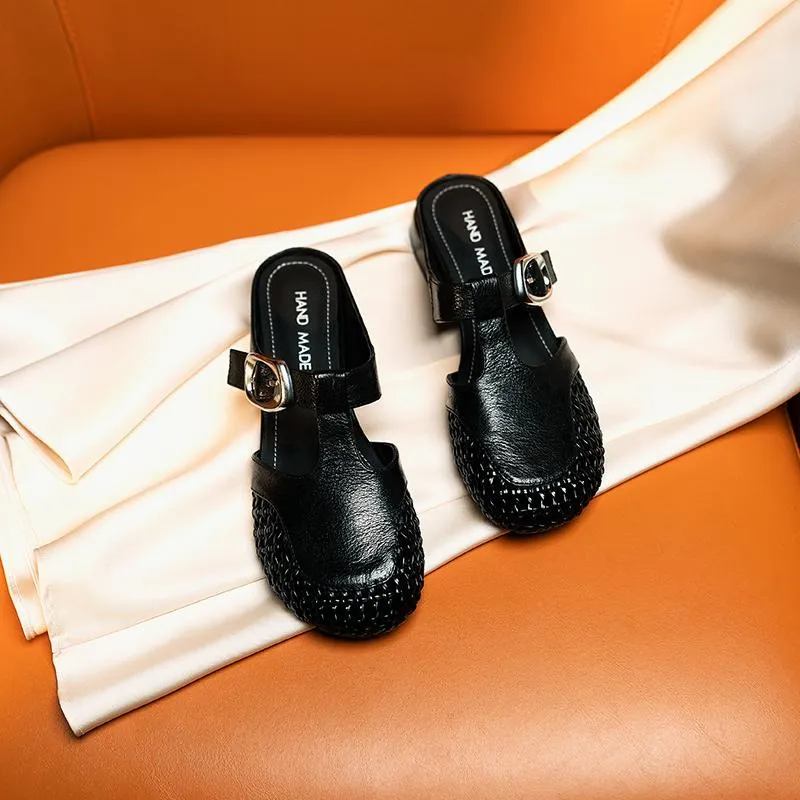 Summer slippers, round toe, chunky heel, mesh, fashionable and comfortable women's shoes, silver and black.