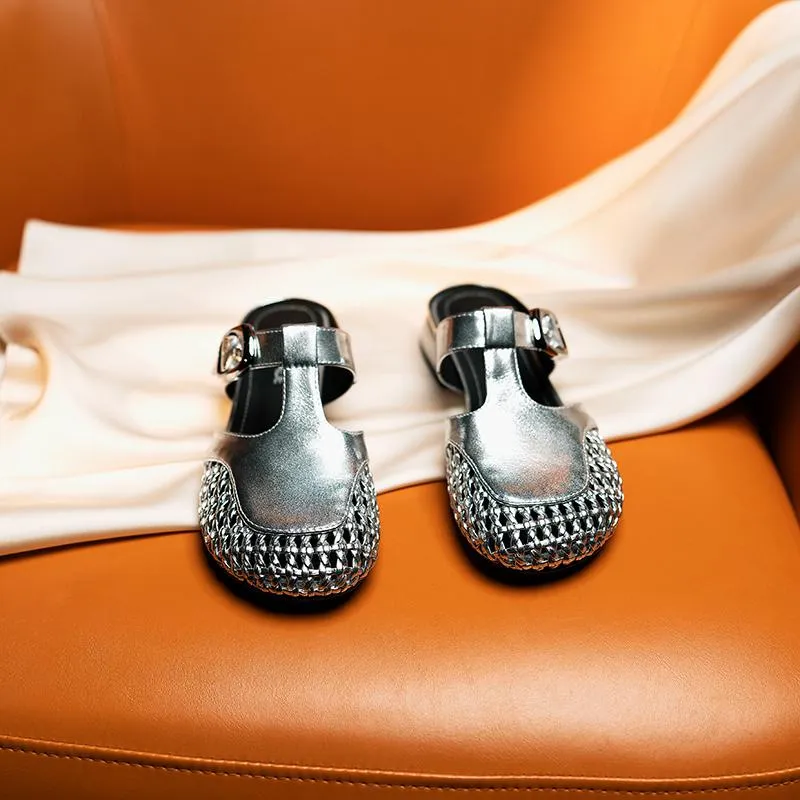 Summer slippers, round toe, chunky heel, mesh, fashionable and comfortable women's shoes, silver and black.