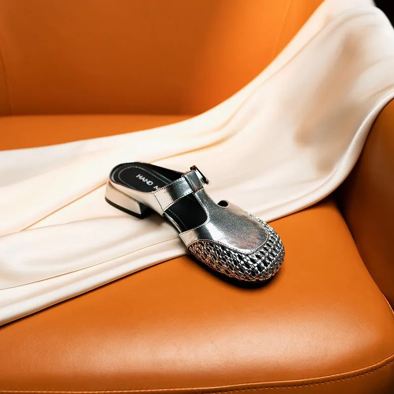 Summer slippers, round toe, chunky heel, mesh, fashionable and comfortable women's shoes, silver and black.