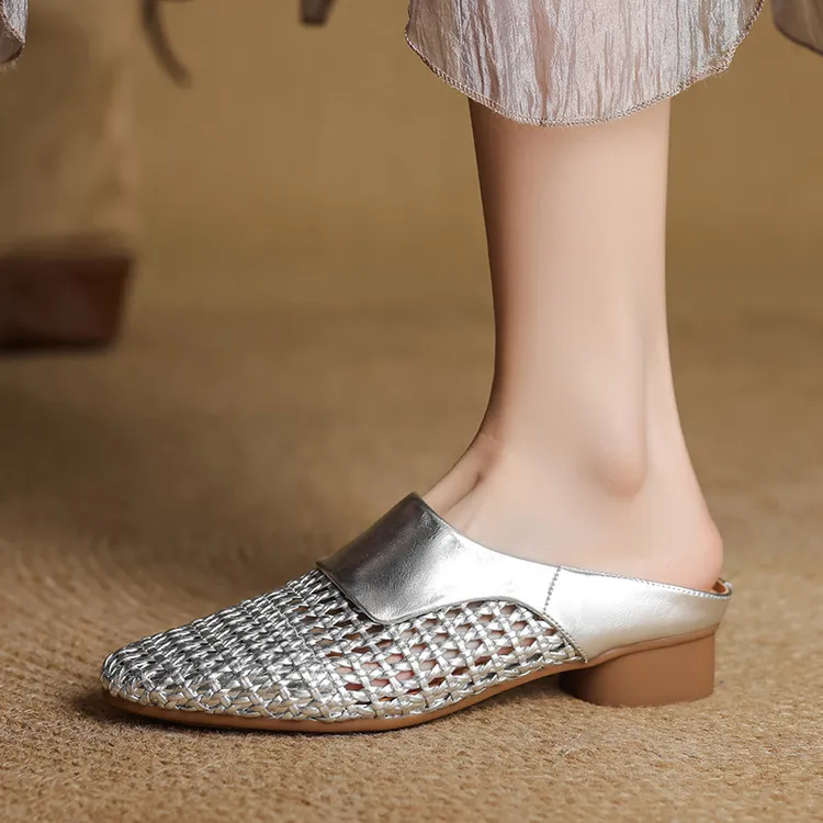 Spring/Summer Round Toe Closed-Toe Slippers Chunky Heel High Heel Openwork Fashion Women's Shoes 33-18f