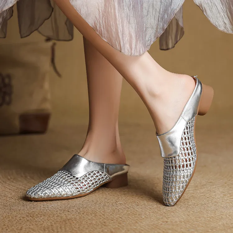 Spring/Summer Round Toe Closed-Toe Slippers Chunky Heel High Heel Openwork Fashion Women's Shoes 33-18f