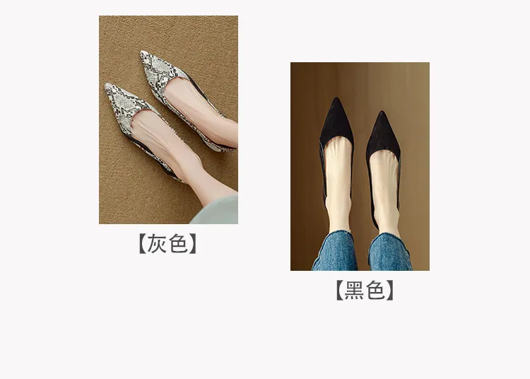 Women's flat shoes with a low heel, featuring a snakeskin print, color blocking, and openwork design, perfect for spring and autumn commuting. Sizes 34-40