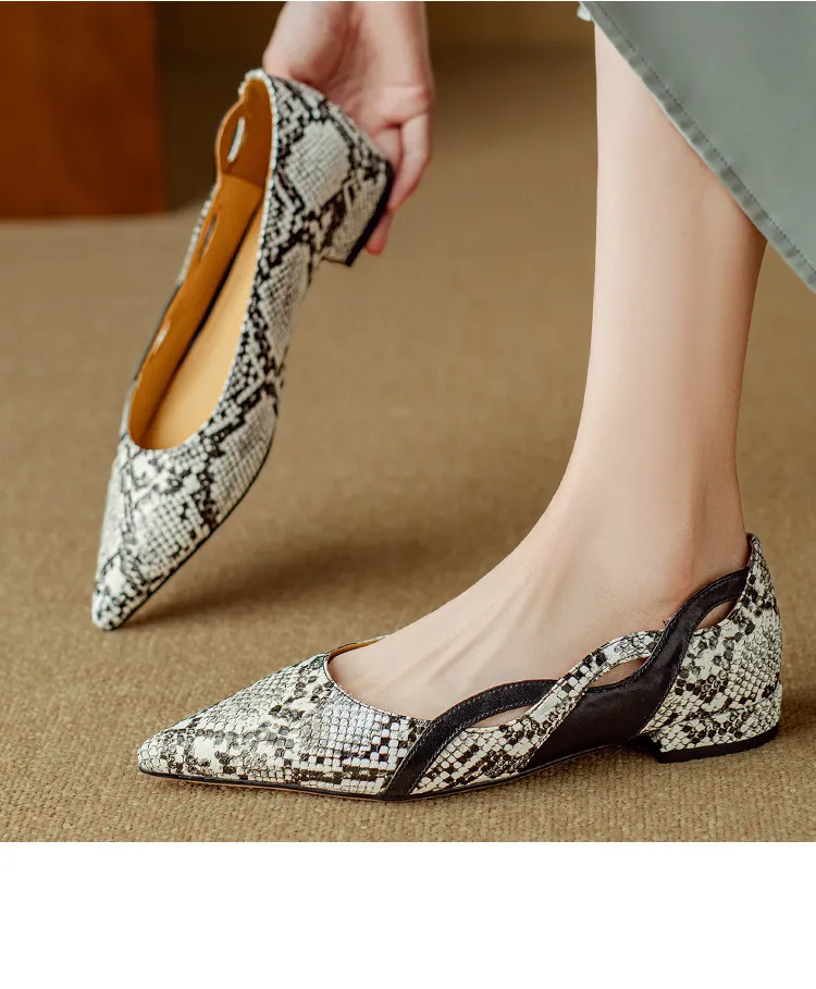 Women's flat shoes with a low heel, featuring a snakeskin print, color blocking, and openwork design, perfect for spring and autumn commuting. Sizes 34-40